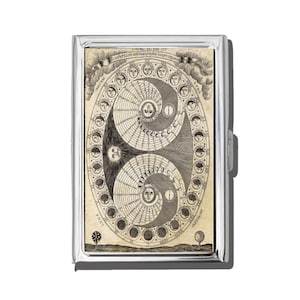 Puede incluir: Un pitillera plateada con una detallada ilustración en blanco y negro de una carta celeste. El diseño incluye las fases de la luna, el sol y otros elementos astronómicos. La pitillera tiene forma rectangular con cierre de broche.