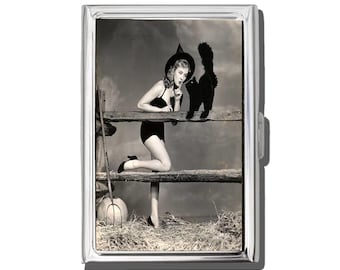 Vintage Halloween Pinup Joyce Holden Cigarette Case Or Card Holder, Zigarettenetui, Business Card, Antique Alive, Flower