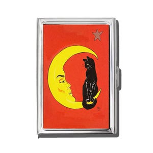 Moon And Cat Cigarette Case Or Card Holder, Vintage , Zigarettenetui, Business Card, Antique Alive, Meme