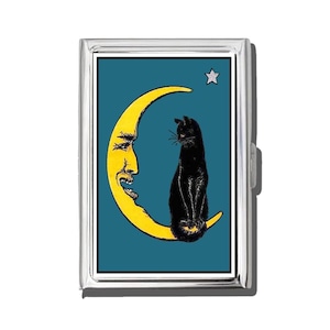 Moon And Cat Cigarette Case Or Card Holder, Vintage , Zigarettenetui, Business Card, Antique Alive, Meme
