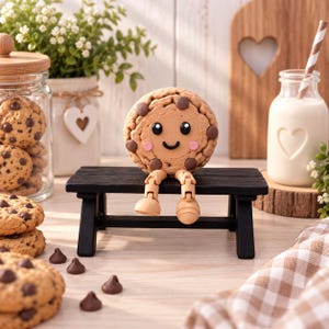 Könnte beinhalten: Eine beige, runde Keksfigur mit lächelndem Gesicht, rosa Wangen und dunkelbraunen Schokoladenstückchen. Der Keks hat bewegliche Gliedmaßen und sitzt auf einer kleinen, schwarzen Holzbank. Die Oberfläche ist strukturiert.