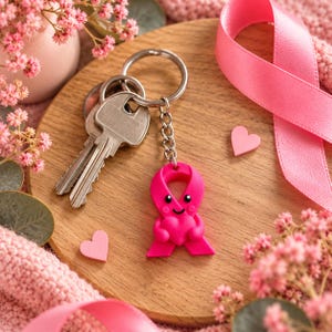 May include: A metal keyring featuring a bright pink awareness ribbon charm with a smiling face and small arms holding a heart. The charm is attached to a silver-toned split ring with two metal keys. The design is solid pink with black eyes.