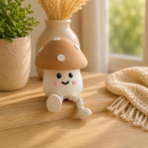 Peut inclure: Une petite figurine de champignon avec un chapeau beige à pois blancs, un pied blanc et un visage souriant aux joues roses. La figurine possède des jambes pendantes avec des pieds blancs, dont l'un présente un cœur gravé sur la semelle.