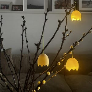 Könnte beinhalten: Dekorative Ostereier-Lichter hängen an Ästen. Die eiförmigen Lichter sind gelb und haben einen gezackten Rand, der ein warmes Leuchten ausstrahlt. Die Äste sind dunkelbraun, und der Hintergrund ist unscharf.