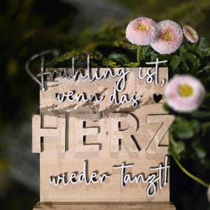 May include: A wooden sign with the German phrase "Frühling ist, wenn das HERZ wieder tanzt!" in white lettering. The sign features a heart symbol and is decorated with small hearts. Pink flowers and green foliage are in the background.