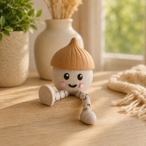 Könnte beinhalten: Eine kleine, runde, weiße Figur in Form einer Eichel mit beigefarbener Kappe. Sie hat ein lächelndes Gesicht mit schwarzen Augen, einem schwarzen Mund und rosa Wangen. Die Figur besitzt bewegliche Beine und Füße, mit einem Herz auf einem Fuß.