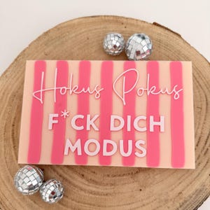 May include: A rectangular sign with a light peach background and vertical pink stripes. The text Hokus Pokus is in white script, and the text F*CK DICH MODUS is in white block letters. Three small silver disco balls are placed around the sign.