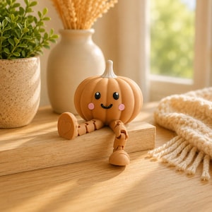Peut inclure: Une petite figurine de citrouille orange avec une tige blanche, des yeux noirs, un sourire noir et des joues roses. La citrouille possède des jambes articulées avec des pieds, dont l'un présente une empreinte en forme de cœur sur la semelle.