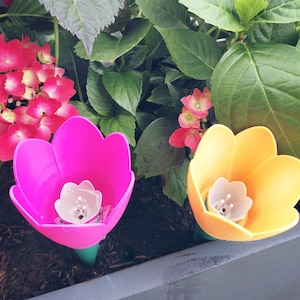 Peut inclure: Deux arrosoirs en forme de tulipe, un rose et un jaune, sont placés parmi un feuillage vert et des fleurs roses. Chaque arrosoir a une fleur intérieure blanche avec un petit détail noir. Ces arrosoirs sont conçus pour aider à hydrater les plantes.