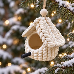 May include: A cream-colored birdhouse ornament featuring a chunky knit yarn exterior with a braided texture. The structure has a round opening, a small black cylindrical perch, and a wooden bead at the top attached to a jute hanging string.