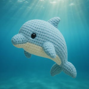 Puede incluir: Un juguete de delfín tejido a ganchillo en tonos azul claro y crema, con un ojo negro. El animal acuático hecho a mano se muestra sobre un fondo azul, evocando una escena submarina. El delfín tiene un cuerpo curvado y aletas.