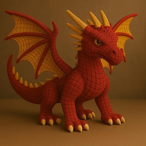 Può includere: Un peluche a forma di drago rosso con dettagli gialli. Il drago ha grandi ali, corna e una lunga coda. Il corpo presenta un motivo strutturato e artigli gialli.