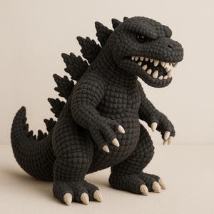 May include: A handmade, dark gray Godzilla plush toy. The plush features a textured, crocheted appearance, with prominent dorsal fins, sharp teeth, and off-white claws. The toy is posed in a standing position, showcasing its iconic features.
