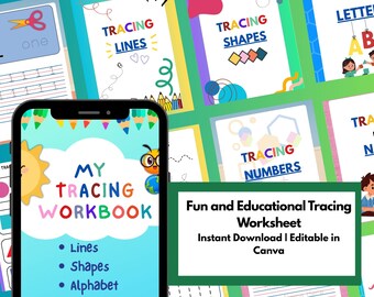 May include: A smartphone shows a "My Tracing Workbook" with tracing activities for lines, shapes, and the alphabet. Worksheets for tracing lines, shapes, and numbers are visible. The image also includes the text "Fun and Educational Tracing Worksheet".