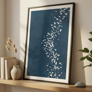Minimalist Birds Wall Art Printable, Blue Abstract Flock Art, Modern Neutral Poster, Digital Download