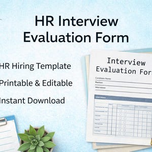 Puede incluir: Se muestra un formulario de evaluación de entrevistas de recursos humanos, con el título destacado. El formulario incluye secciones para la información del candidato y los detalles del entrevistador. Un bolígrafo negro descansa sobre la pila de papeles. Texto adicional destaca las características.