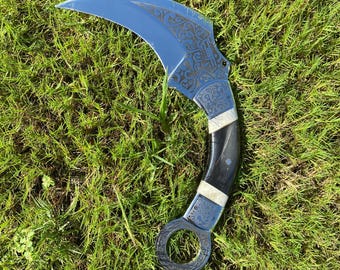 Etched J2 Steel Karambit Knife: Buffalo Horn & Camel Bone Handle