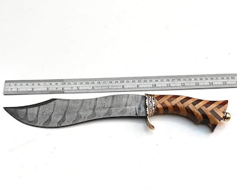 COLTELLO DA CACCIA lama in acciaio Damasco manico in palissandro e ulivo rinforzo in ottone con distanziatore in fibra