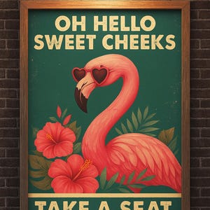 Funny Flamingo Bathroom Print: Retro Sweet Cheeks Art (Digital Download)