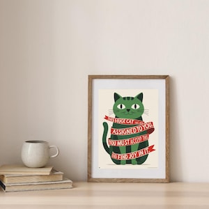 Digital cat poster,surreal wall art,funny motivational print,absurdist decor,green cat illustration,meme-inspired art,quirky printable