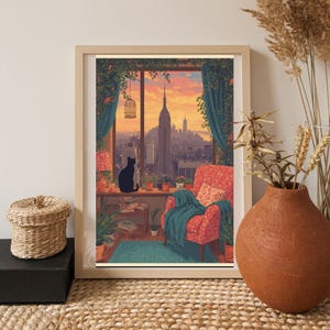 Cat poster, New York Art, maximalist decor, artful travel art, colorful wall art, New York city, birthday present, city skyline, cat lover