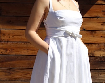 Square Neck Midi Dress Any Color Custom Made | Wide Belt, Full Skirt with Pockets | High End Fashion | Linen Dress