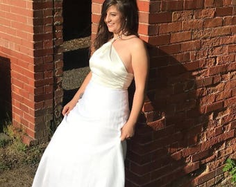 Vestido de novia de corte A con escote halter / Elegancia natural y sencilla / Cola amplia / Halter retorcido / Lino y seda de cáñamo / Ecológico