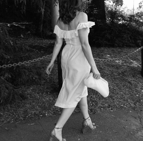 Midi Dress With Ruffle Neckline | High End Fashion Custom Made | Fitted  Waist With Front Gathers and Slit in Back | off Shoulder - Etsy