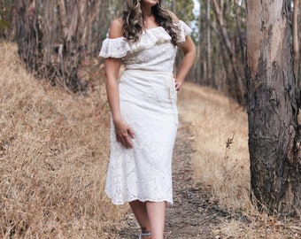 Boho Betty Bridal Dress by Black Licorice Bridal Couture | Midi Wedding Dress | Off the Shoulder Ruffle Tea Length Eco Friendly