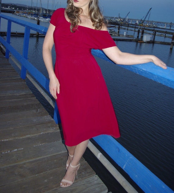 Red A Line Midi Dress with Wide Gathered Neckline and Raglan Sleeves | peasant blouse fitted waist  | High End Fashion | Custom Made | USA