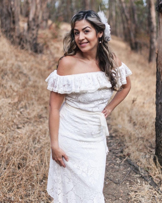 Off Shoulder A Line Midi Dress | White Lace Eco Friendly | Sustainably Made | Custom Made | LWD