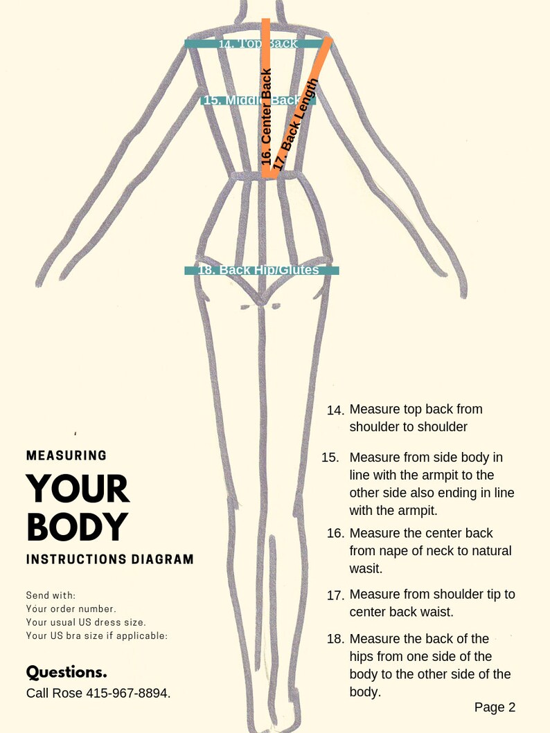 Puede incluir: Un diagrama que muestra c&oacute;mo medir diferentes partes del cuerpo para la ropa. El diagrama muestra el cuerpo de una mujer con l&iacute;neas que indican d&oacute;nde medir. El texto incluye instrucciones para medir la parte superior de la espalda, de hombro a hombro, el cuerpo lateral, la espalda central, la punta del hombro hasta la cintura y la parte posterior de las caderas.