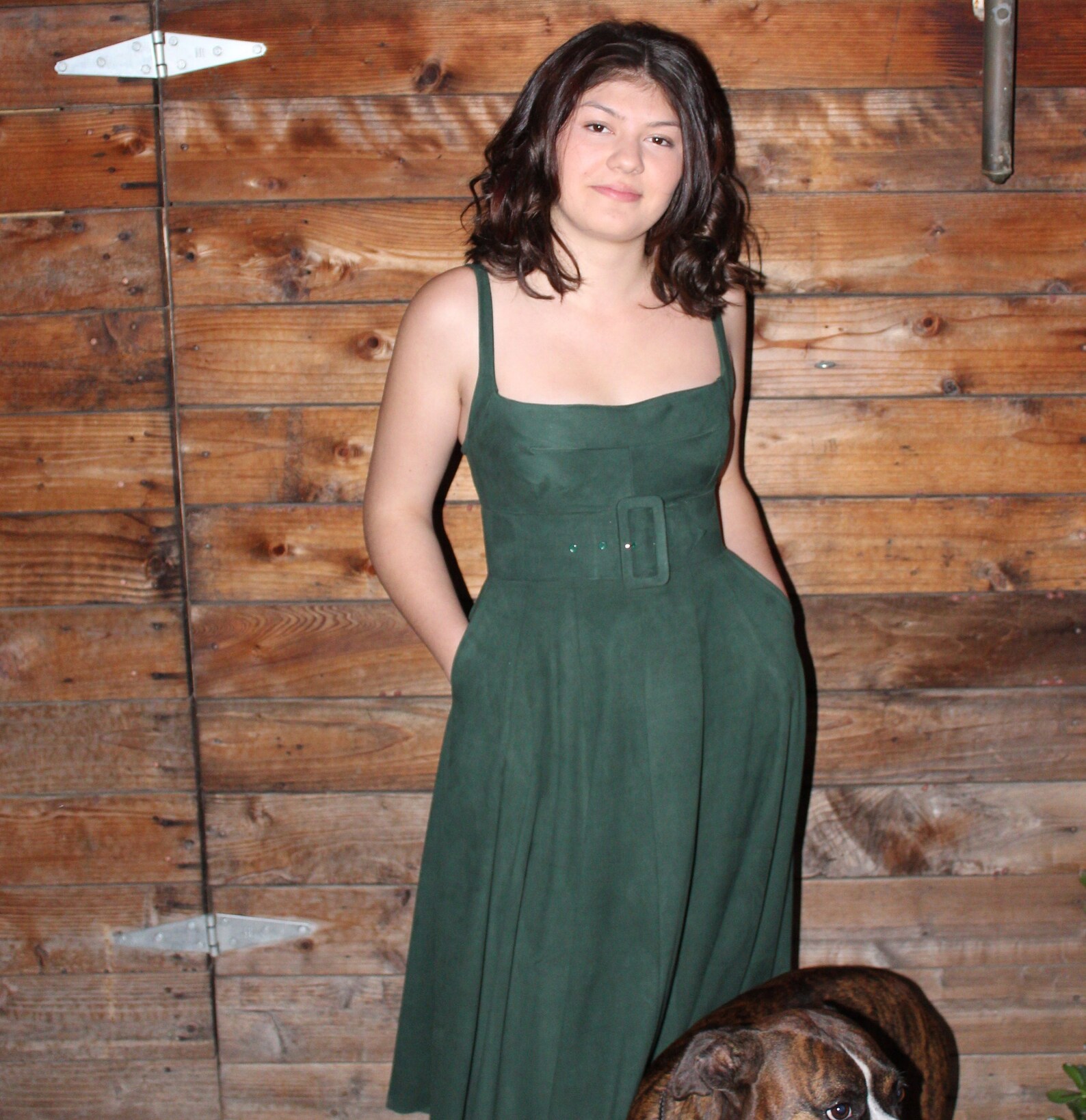 Green Square Neck Fitted Dress With Side Slit