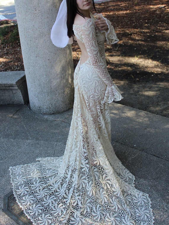 crochet long sleeve wedding dress Crochet Wedding Dress | Long Sleeve, Open Back and Sweeping Train