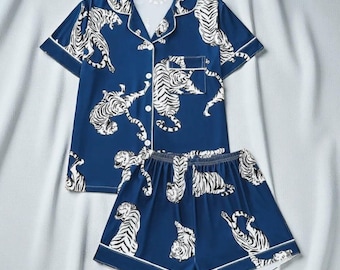 Tiger Print Pyjama Set, Women's Cozy Sleepwear