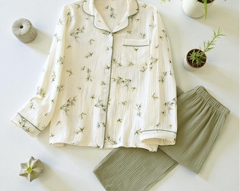 Ensemble pyjama 100 % coton confortable, gaze crêpe double épaisseur, cadeau attentionné pour elle