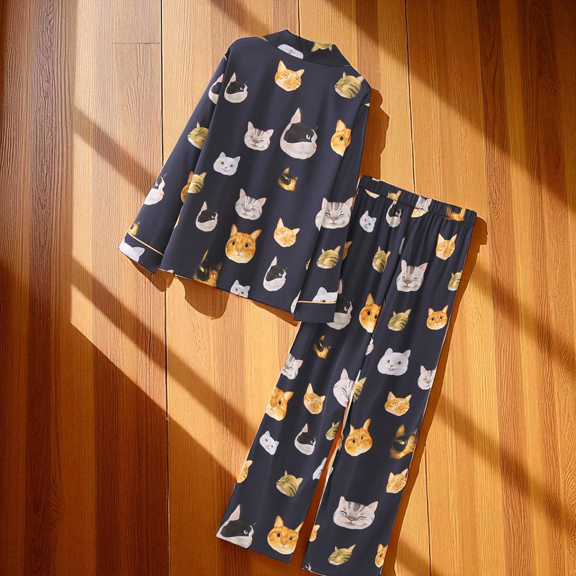 Cat Print Pyjama Set: Women's Breathable Loungewear, Black Animal ...