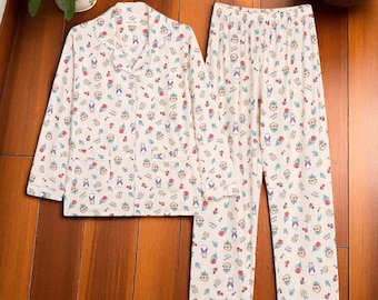 Cartoon Print Long Sleeve Pyjama Set: Women's Cozy Loungewear