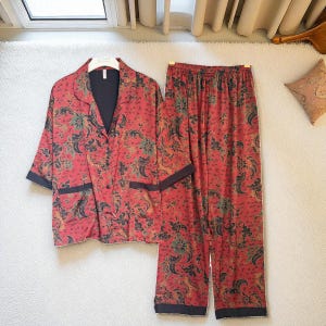 Silky Kimono Style Pajama Set: Retro 3-Piece Loungewear