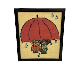 Vintage Framed Needlepoint Children Big Umbrella Kitschy 70's Design