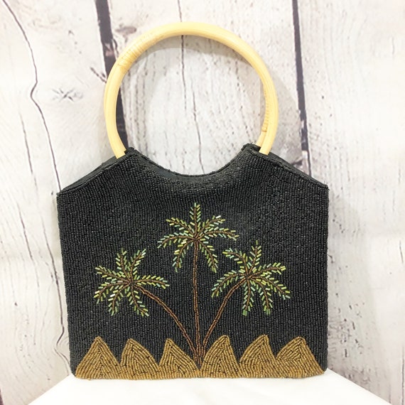 Vintage Beaded Palm Tree Bag Round Wood Handles