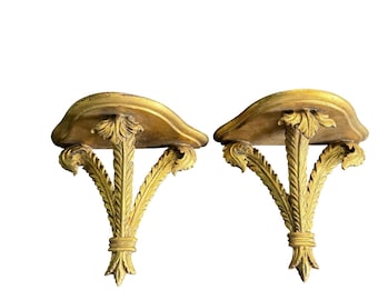 Vintage Gold Leaf Acanthus Wheat Sheaf Wall Corbel Sconces Floating Shelves Pair