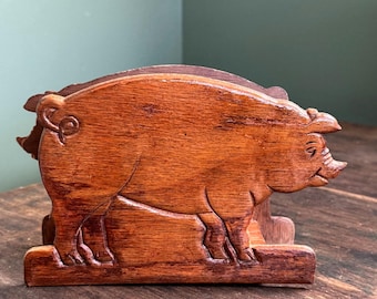 Vintage Carved Wooden Pig Napkin Holder Farmhouse Style