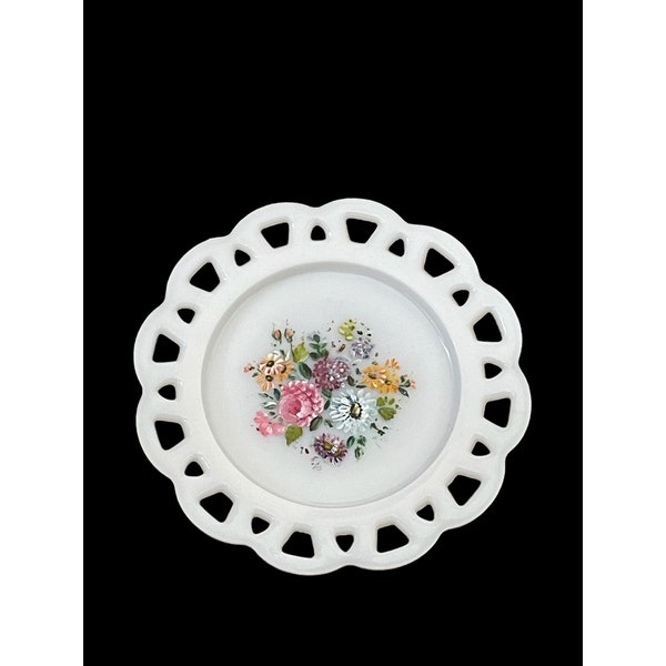 Vintage Floral Painted Milk Glass Reticulated Decorative Plate