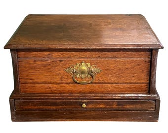 Antique Quartersawn Oak Desktop Organizer Box 2 Drawer Brass Hardware Wood Chest