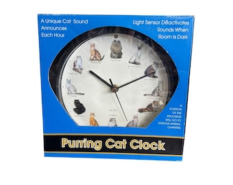 Purring Cat Clock Vintage 1999 MFA Feldstein & Associates Hourly Sounds NIB 10in