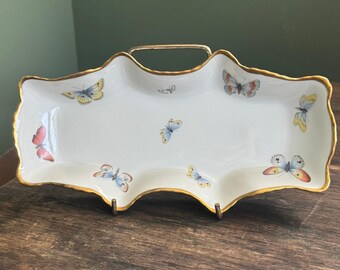 Limoges France Porcelain Butterfly Trinket Dish Scalloped Gold Gilt Rim Tray