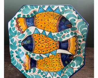 Hand Painted Mexican Pottery Fish Plate Colorful Octagon Gallery Wall
