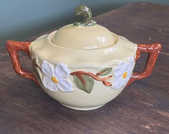 Stangl White Dogwood Double Handle Sugar Bowl With Lid Hand Painted