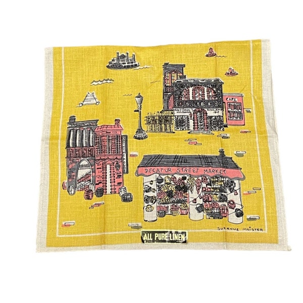 Vintage Susan Meister Linen Tea Towel Decatur Street New Orleans Louisiana